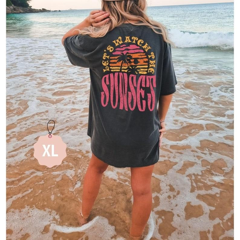 Lets Watch The Sunset Cute Beach Shirt Summer Graphic Tee Trendy Womens Tee Cute Summer Tops Coconut Girl Y2k Aesthetic Beach style 02