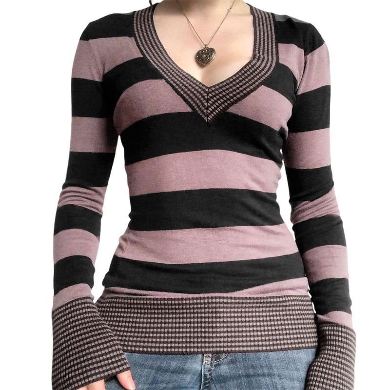 Women Trendy Knitted Tops, Knit Striped V-Neck Long Sleeve Ribbed Cuffs Knitwear for Females, Brown/Light Coffee Casual...