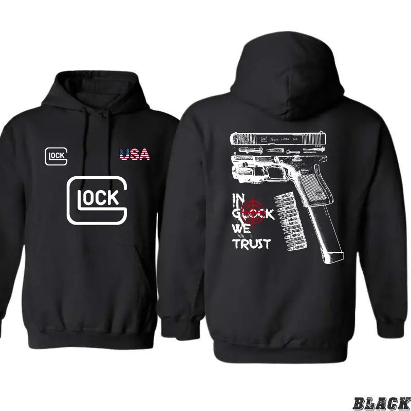 Lock USA 2 Side Hoodie, In Glock We Trust Hoodie, Sarcastic Graphic Tee, Unisex Classic Cotton Tee All Sizes, For Him, For Her
