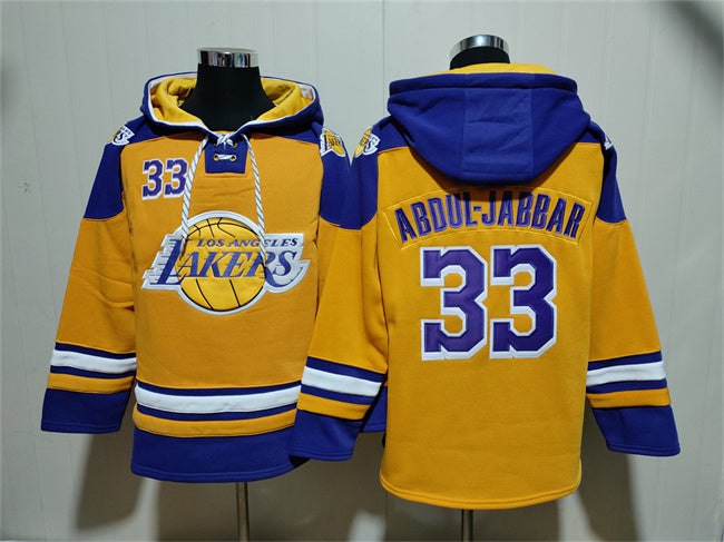 Los Angeles Lakers #33 Kareem Abdul-Jabbar Yellow Lace-Up Pullover Hoodie
