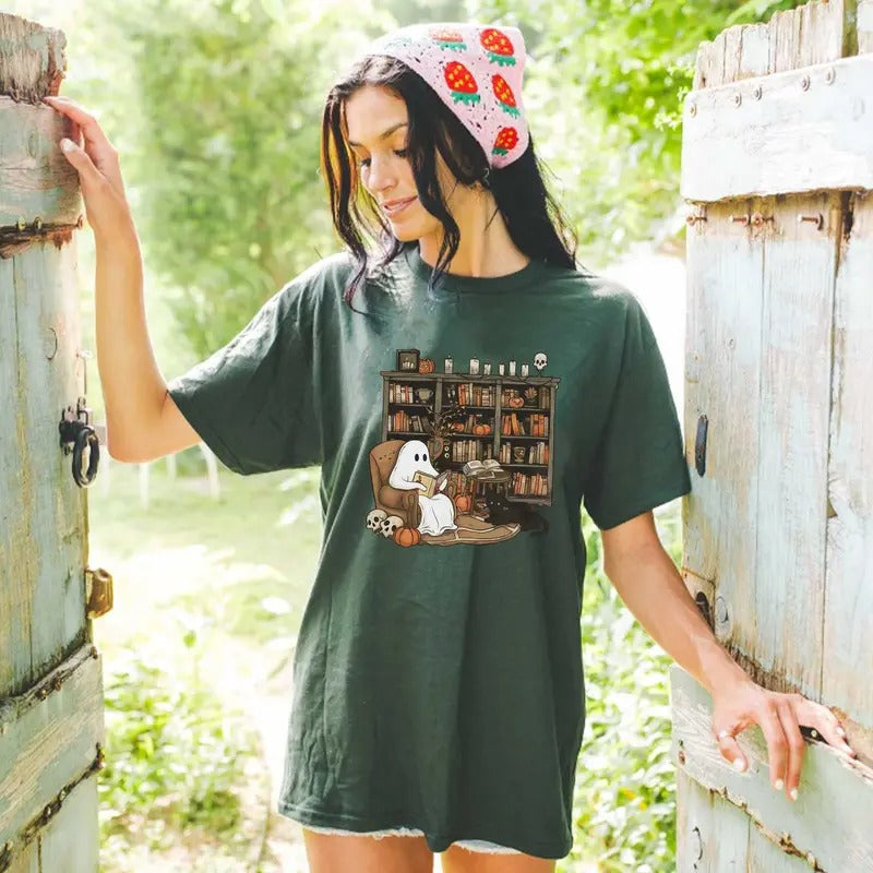 Love Ghost Book Tee, Cute Halloween Shirt, Cotton Shirt For Halloween Hoodie, Sweatshirt | InkThreadWorks.com
