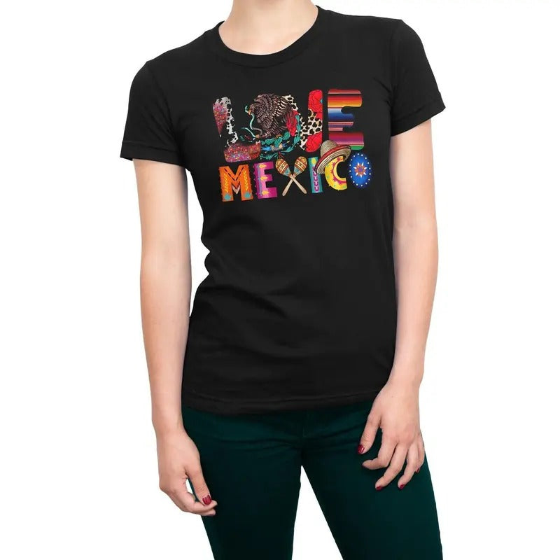 Love Mexico Women's T-Shirt - Black Short Sleeve with Colorful Graphic Design Casual Comfort