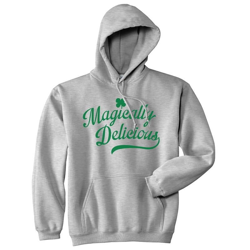 Magically Delicious Hoodie Funny St Patricks Day Outfit Four Leaf Clover Graphic Saying Sweatshirt Funny Hoodies Saint Patrick's Day Light Grey