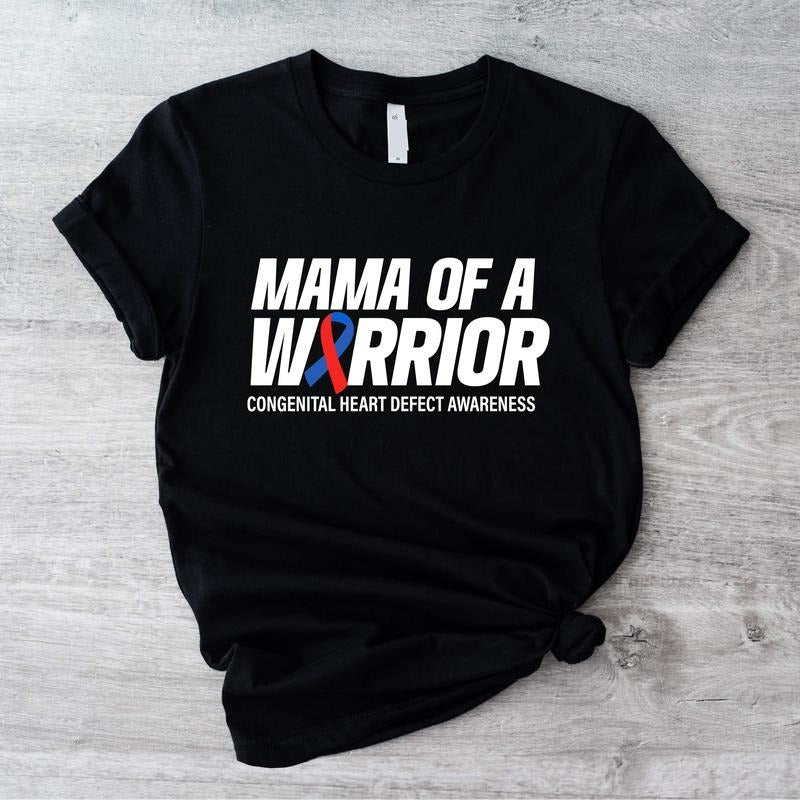 Mama Of A Warrior Shirt, Congenital Heart T-shirt, Heart Defect Tee For Mom, Birth Defects Awareness Shirt, CHD Shirt, Red and Blue Ribbon Short Sleeve, Support Gift Tee For Mother.