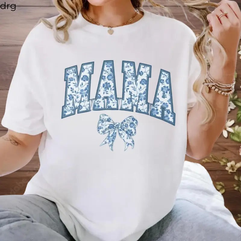 Mama T-Shirt, Mothers Day Gift, Girly Aesthetic Gift For Mom, Cute Mom T-Shirt, Bow T-Shirt, Chinoiserie T-Shirt Hoodie,...