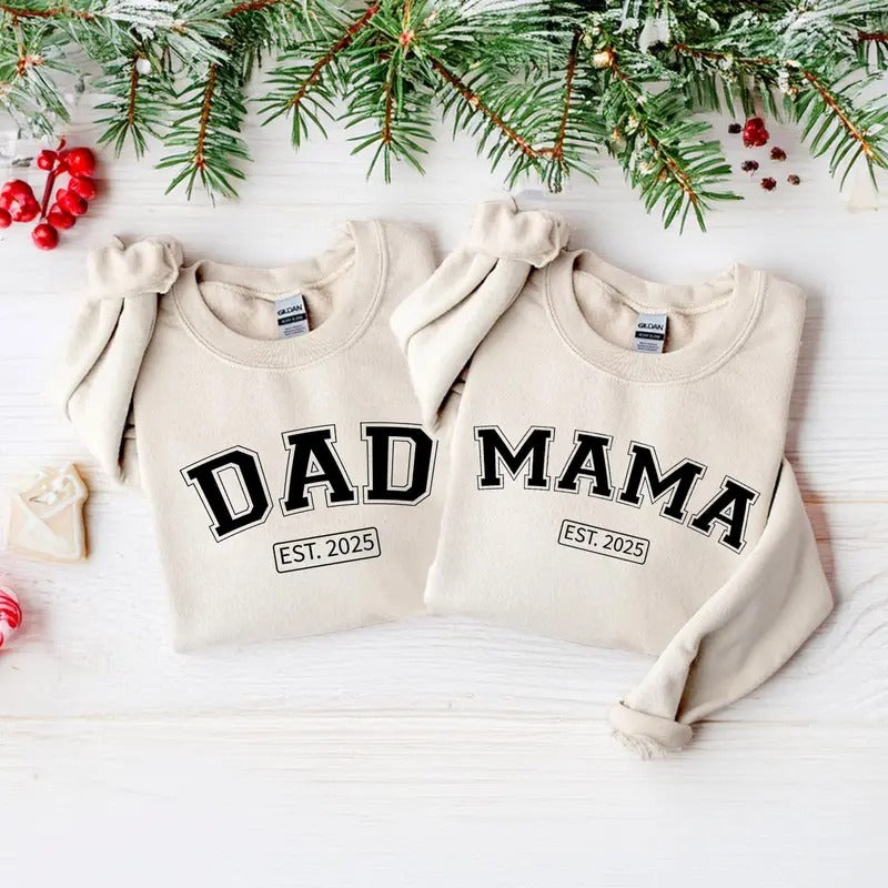 Mama and Dad Est.2025 Sweatshirt, Gift For Mom and Dad Sweatshirt, Mothers Fathers Gift Fabric Hoodie Love Top Cotton...
