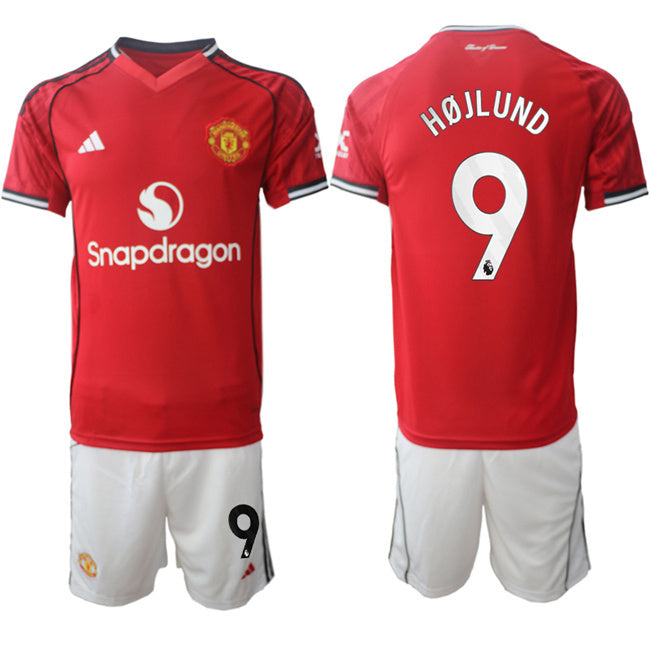 Manchester United #9 Rasmus Højlund 2025 26 Red Home Soccer Jersey Suit