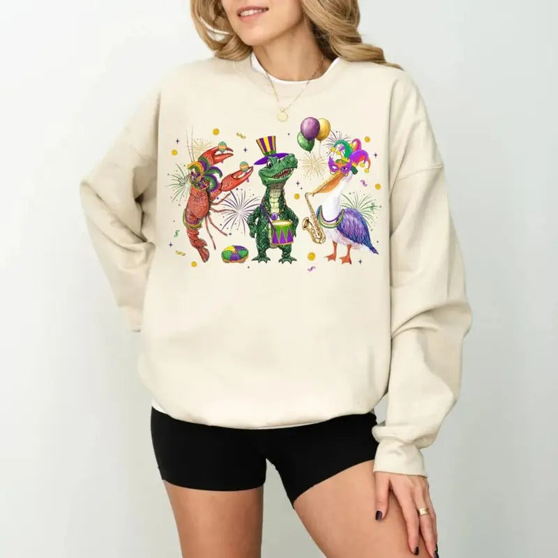 Mardi Gras Tshirt Sweatshirt Hoodie, Crocodile Crawfish Pelican, New Orleans Mardi Gras Shirt, Festival Shirt, Unisex...