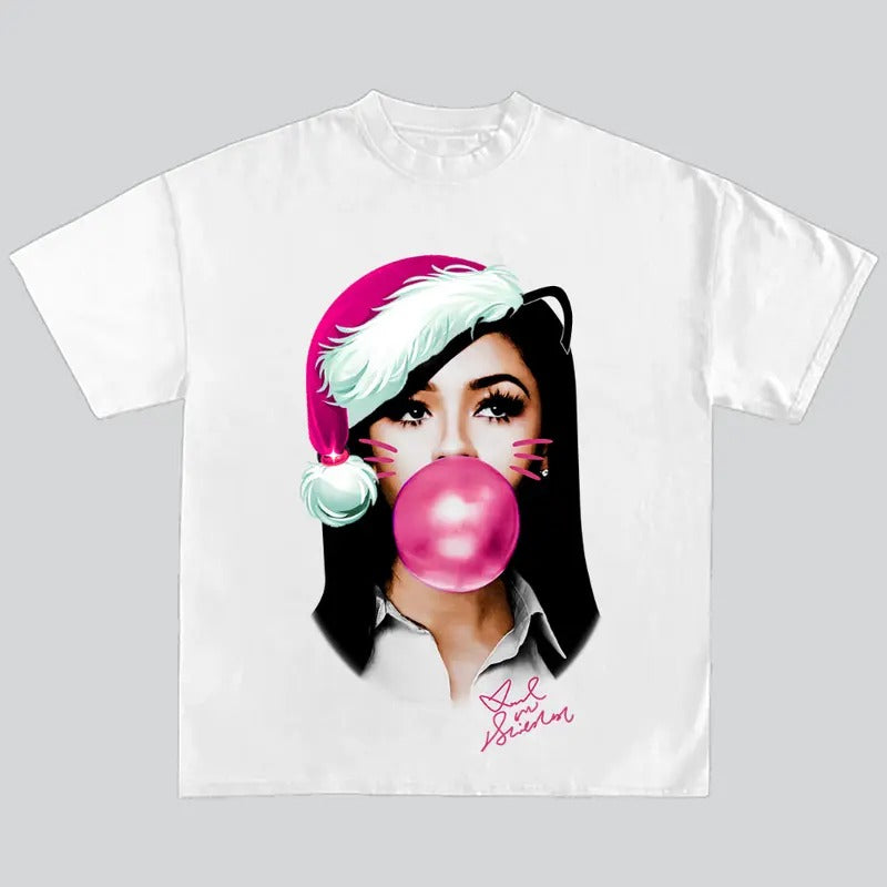 Mariah The Scient Pink Kitty Bubble Gum Graphic T-Shirt Mariah Santa Merry Christmas