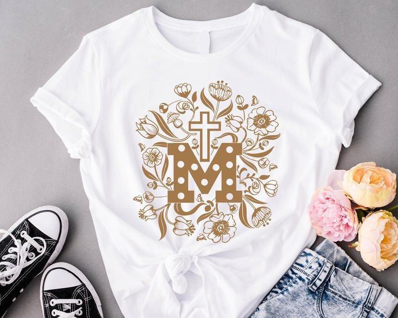 Marian Catholic Shirt, Assumption of Mary Shirt, Floral Religious T-Shirt, Catholic Gift Shirt For Woman, M & Faith Cross...