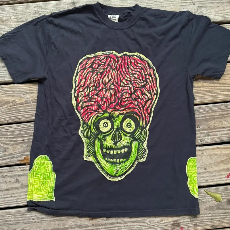 Martian Skull Hand printed Limited Edition T Shirt Cotton Menswear graphic tees