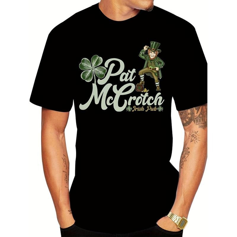 Men'S Funny St. Patrick'S Day Pat McAloon Irish Pub Gnome T-Shirt, 3D Print Short Sleeve Tee, Casual Crew Neck, Regular Fit, 95% Cotton 5% Spandex, Slight Stretch, Summer Knit Fabric, Black - 150gsm Made in USA