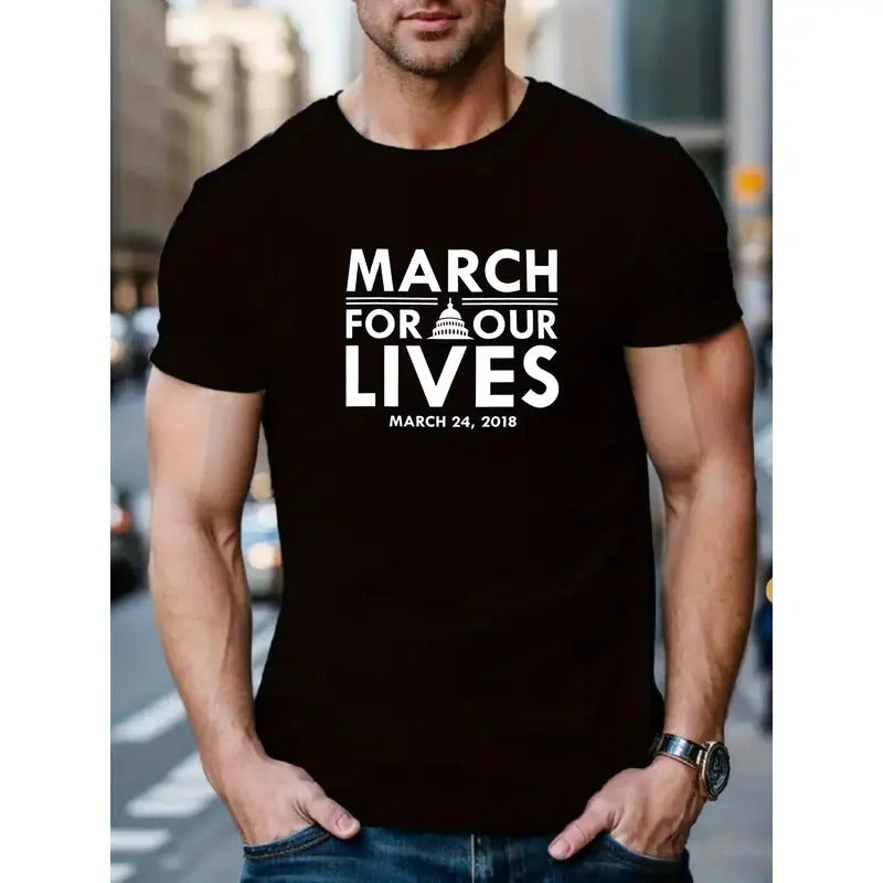 Men's Casual Short-Sleeve T-Shirt with Unique Letter Print - Round Neck, Machine Washable