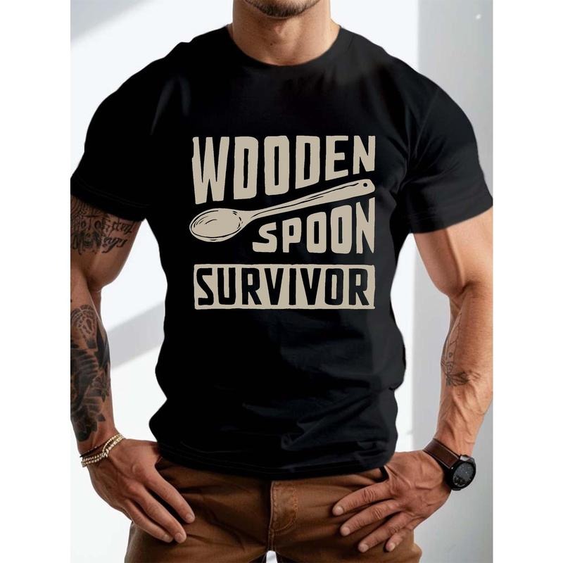 Men's Casual T-Shirt With "Wooden Spoon Survivor" Graphic Print, Short Sleeve Crew Neck Summer Trendy Top For Daily Wear, 1 pc, 100% cotton T-shirt Made in USA