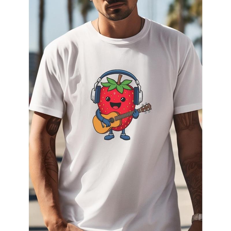 Men's Crew Neck Short Sleeve T-shirt With Adorable Cartoon Strawberry Playing Guitar Graphic Print, Casual Comfy Lightweight Top For Daily And Outdoor Wear Made in USA