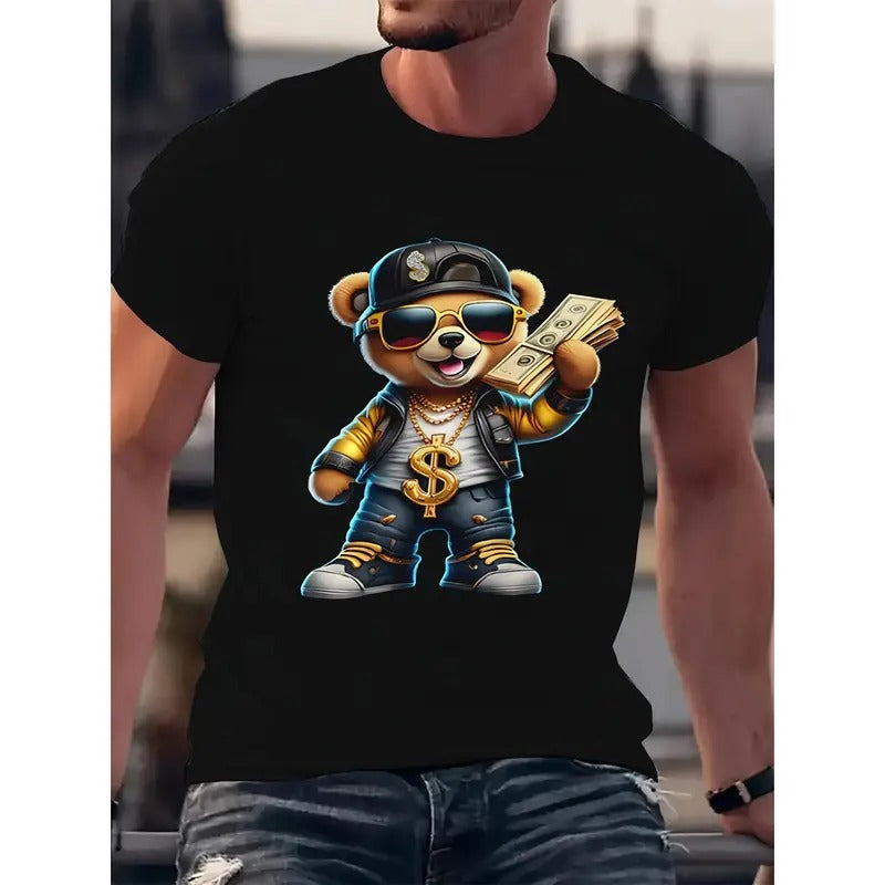 Men's Hip Hop Bear Graphic Tee - Casual 3D Printed Short Sleeve T-Shirt, Breathable Polyester, Machine Washable Made in USA