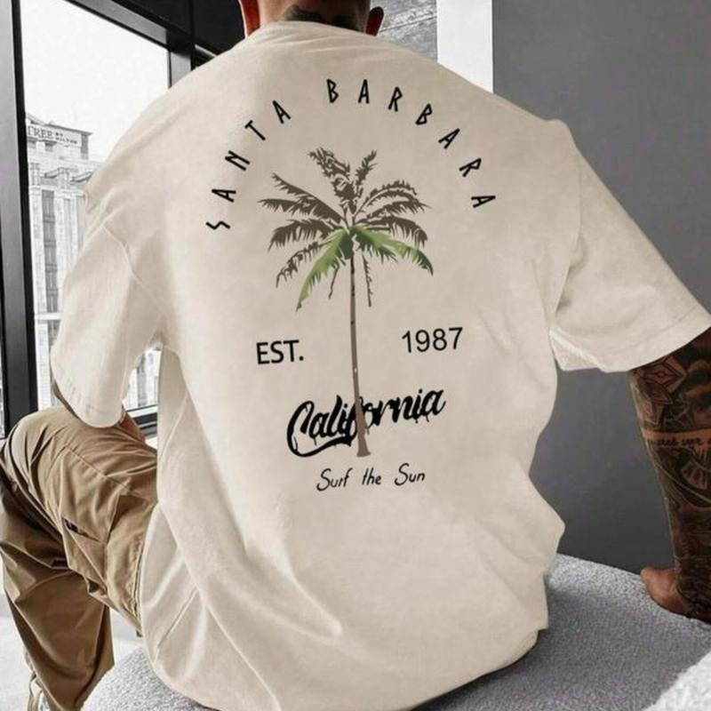 Men's Summer Clothes, Letter & Tree Print Drop Shoulder Tee, Summer Outfits 2024, Summer Tops, Back To School Outfits, Graphic Tees for Men, Regular Fit Streetwear Fashion Graphic Crew Neck T-shirt, 90s Clothes