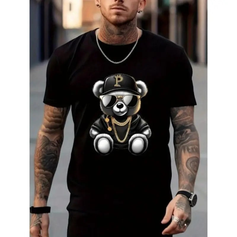 Men's T-shirt, Sunglasses Bear Print Short Sleeve Crew Neck Tees For Summer, Casual Outdoor Comfy Clothing For Male Made...
