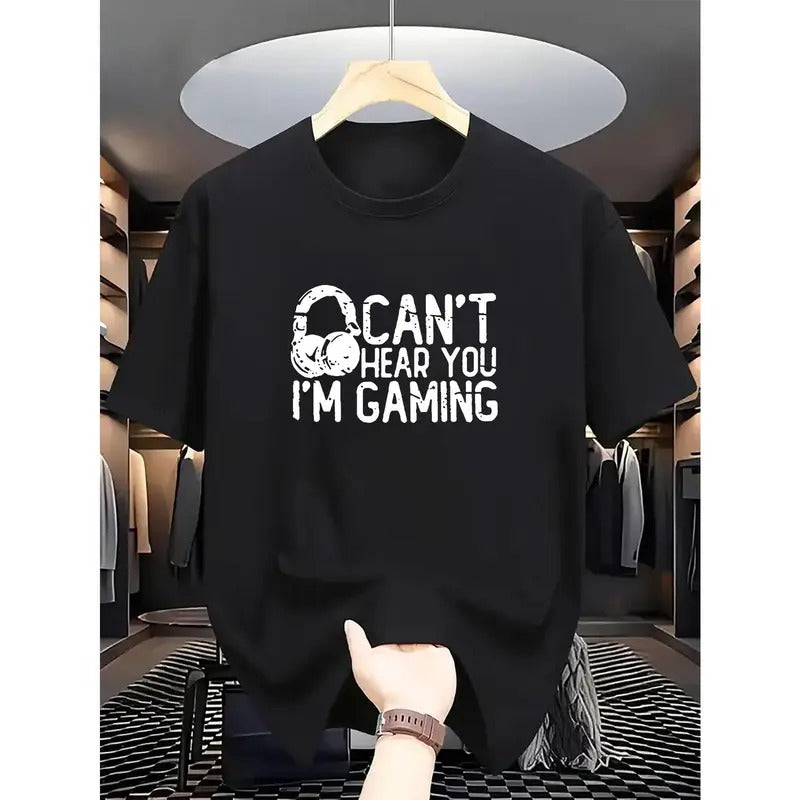 Men's casual game graphic T-shirt "I can't hear you, I'm playing games" - 100% polyester knitted fabric T-shirt, fitted cut, breathable and comfortable, suitable for summer and outdoor activities Embroidered Prints