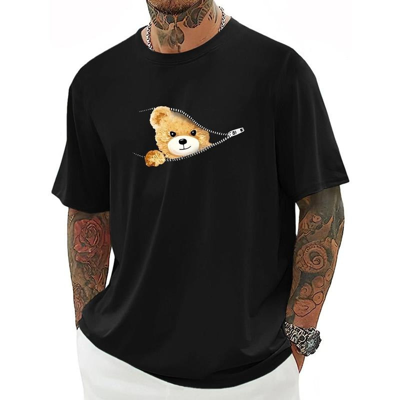 Mens Cartoon Bear Zipper T-Shirt - Stylish Crew Neck, Short Sleeves, Athletic Fit - Ultra-Comfortable, Breathable for...