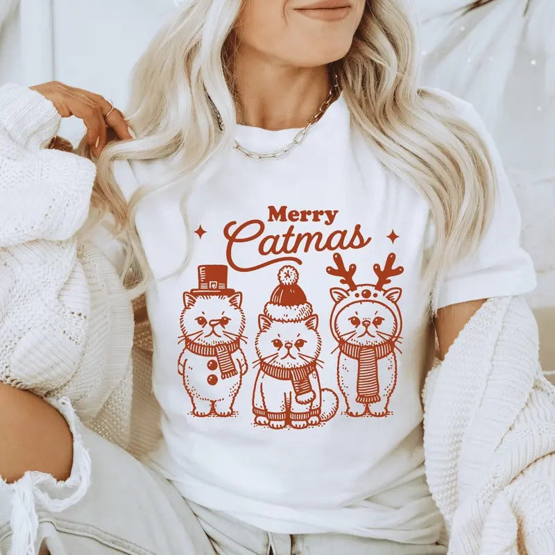 Merry Catmas Christmas Unisex Shirt - Cute Cat Holiday Graphic Tee, 100% Preshrunk Ringspun Cotton Jersey - Top