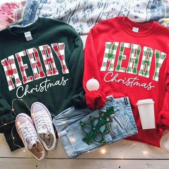 Merry Christmas Sweatshirt, Plaid Sweater, Christmas Family crewneck, Xmas Gift Shirt, Woman Xmas Shirt, Cute Winter...