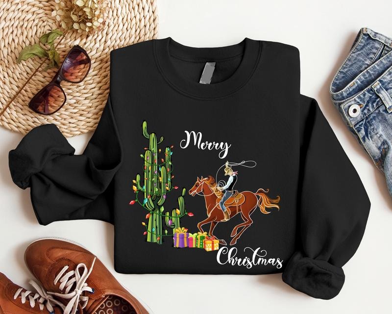 Merry Christmas Sweatshirt, Western Christmas Party Hoodie, Trendy Country Xmas Sweater, Cowboy Gift Hoodie, Family...