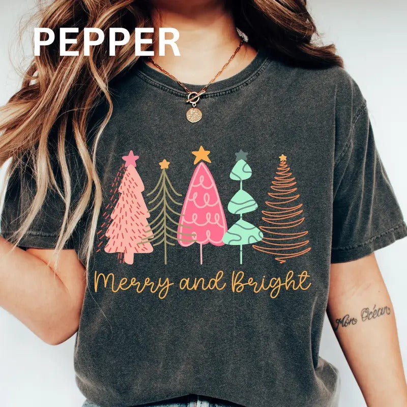 Merry Christmas Tree Shirt, Merry and Bright Christmas Shirt, Christmas T-shirt (COMFORT COLORS T-SHIRT, CASUAL SHIRT UNISEX, CHRISTMAS CLOTHING, GRAPHIC APPAREL, HOLIDAY SHIRT) Cotton Fabric Womenswear Top Printed Oversized Women