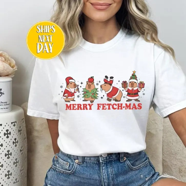 Merry Fetch Mas Capybara Santa Claus T-Shirt, Funny Animal T Shirt Hoodie, Sweatshirt | InkThreadWorks.com