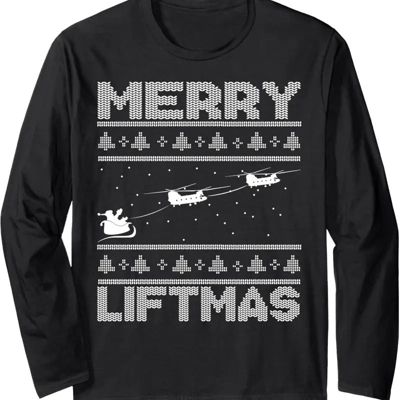 Merry Liftmas Chinook Helicopter Ugly Christmas Chinook Long Sleeve T-Shirt Hoodie, Sweatshirt | InkThreadWorks.com