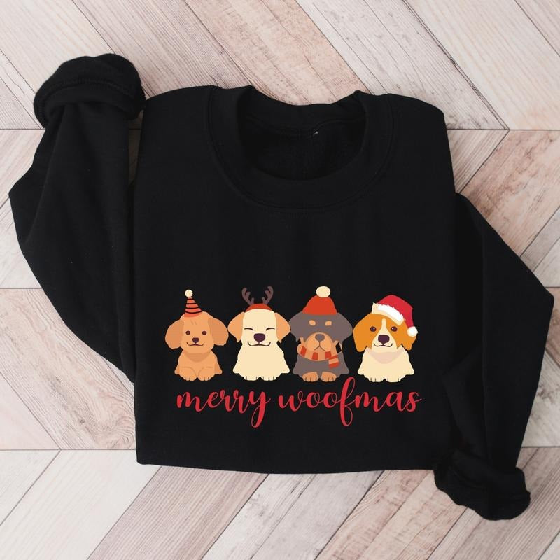 Merry Woofmas Sweatshirt, Christmas Dog Sweater, Dog Lovers Gift Hoodie For Mom, Animals Lover Hoodie, Funny Puppies Long...