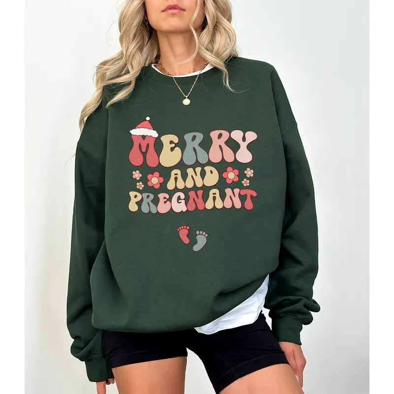Merry and Pregnant Sweatershirt for Women Christmas Pregnancy Announcement Pullover Funny Sweater T-Shirts, Hoodie,...
