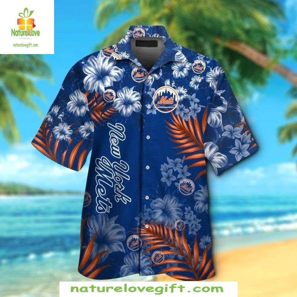 Mets Hawaiian Shirt NY Logo Hibiscus Bloom Stylish Baseball Apparel