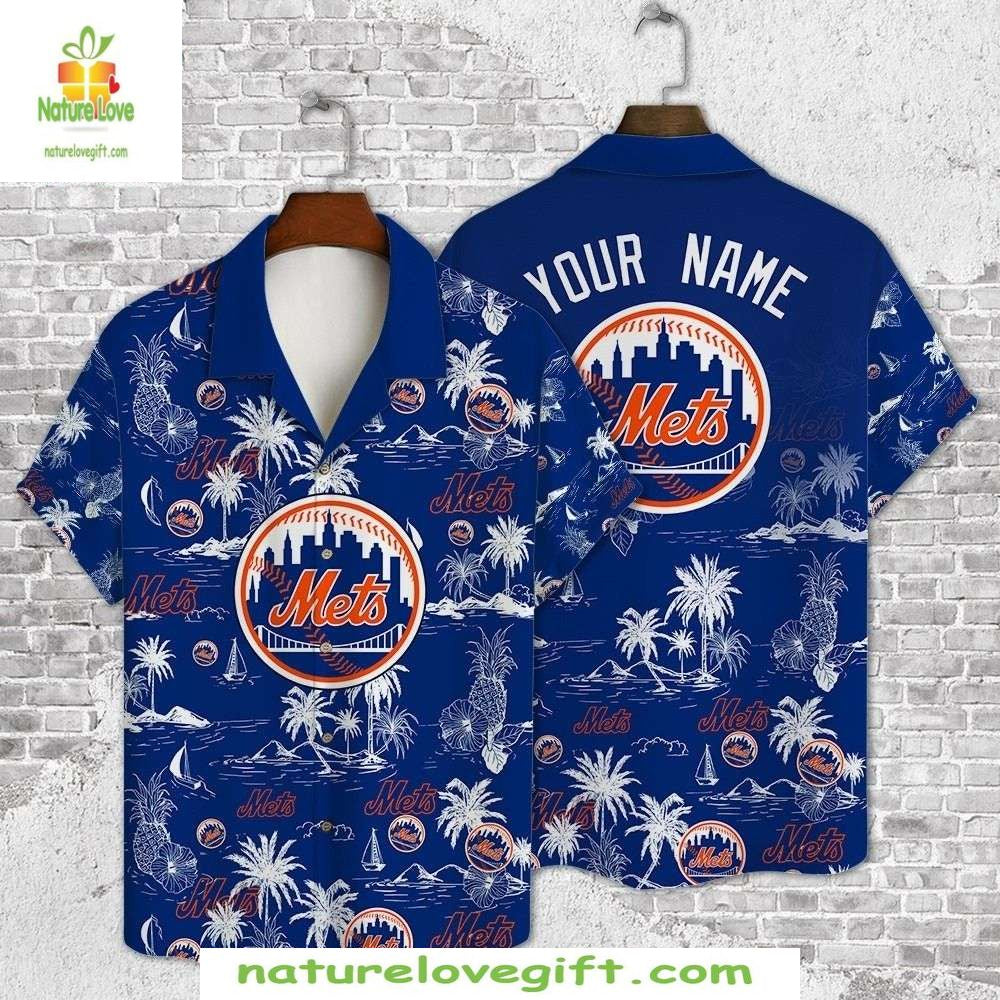 MLB Hawaiian Shirt Mets Island Breeze Blue Baseball Apparel 8EYKU48X