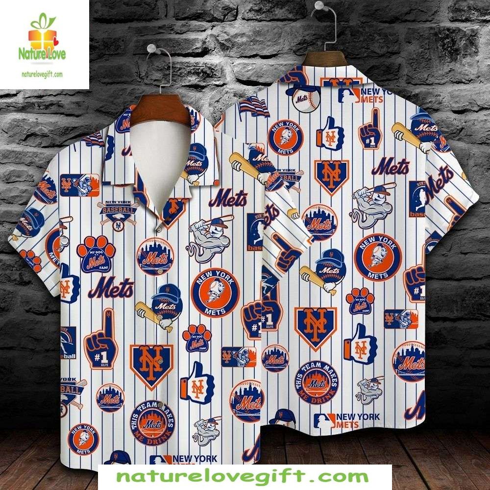 MLB Mets Mascot Hawaiian Shirt White Stripe Baseball Apparel