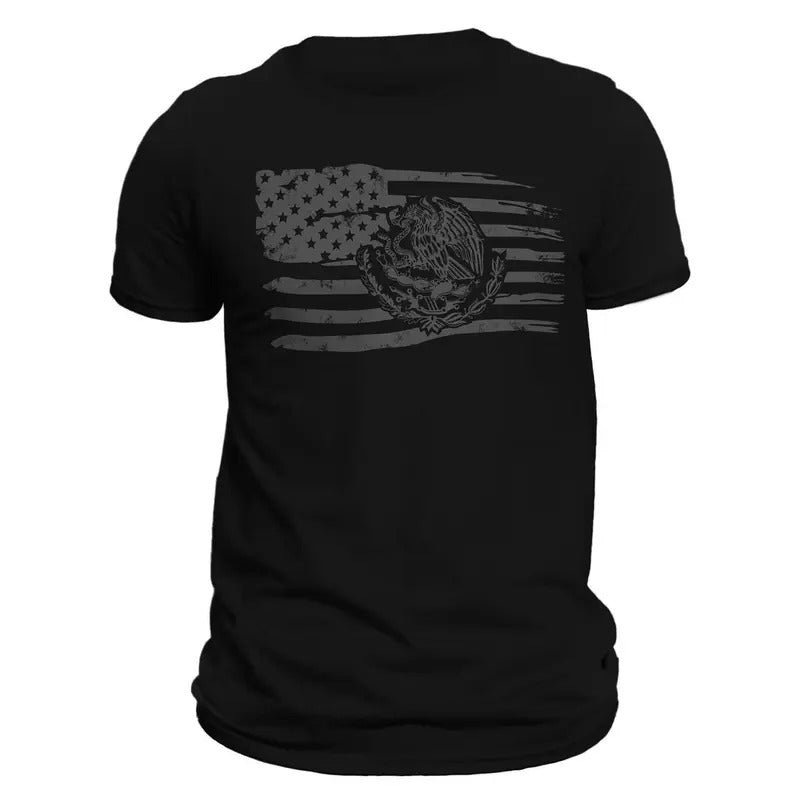 Mexican American Flag T-Shirt - 100% Ring-spun Combed Cotton, Crew Neck, Regular Fit, Casual Style, Lightweight, Machine Washable - Classic Crewneck Menswear