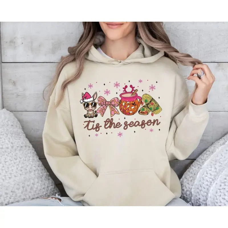 Mexican Christmas Sweatshirt, Coquette Christmas Tis The Season Shirt, Pan Dulce Christmas Tree Hoodie, Pink Christmas,...