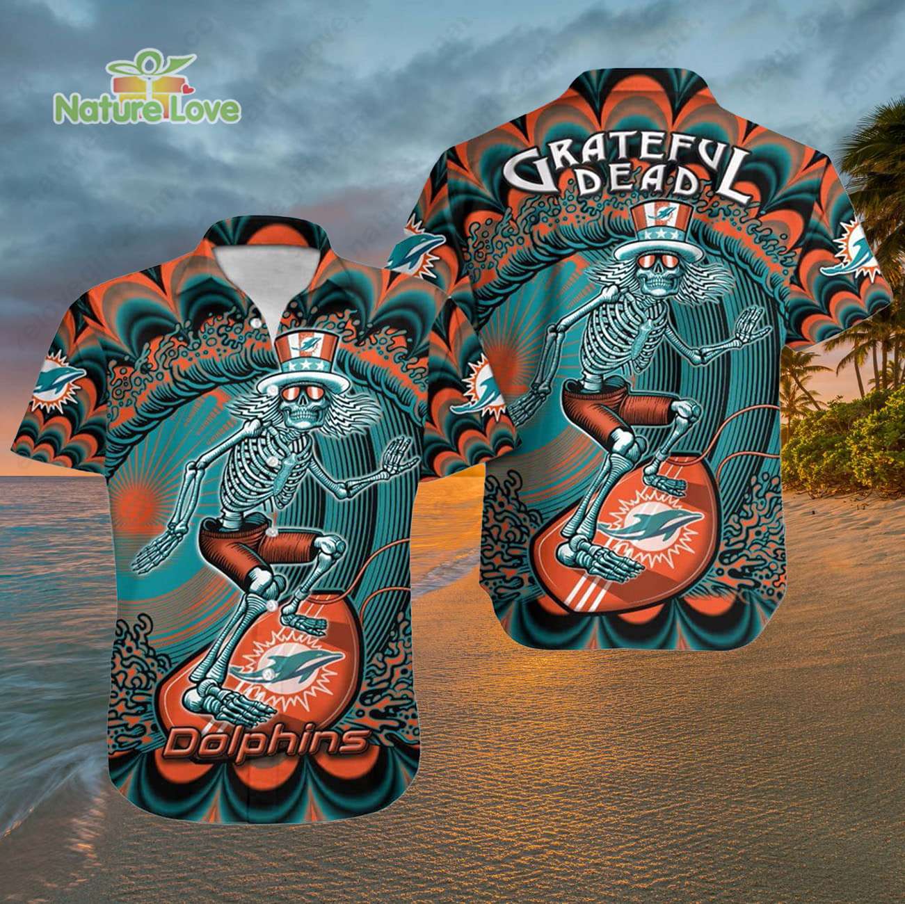 Miami Dolphins Grateful Dead Surfing Dolphins Hawaiian Shirt