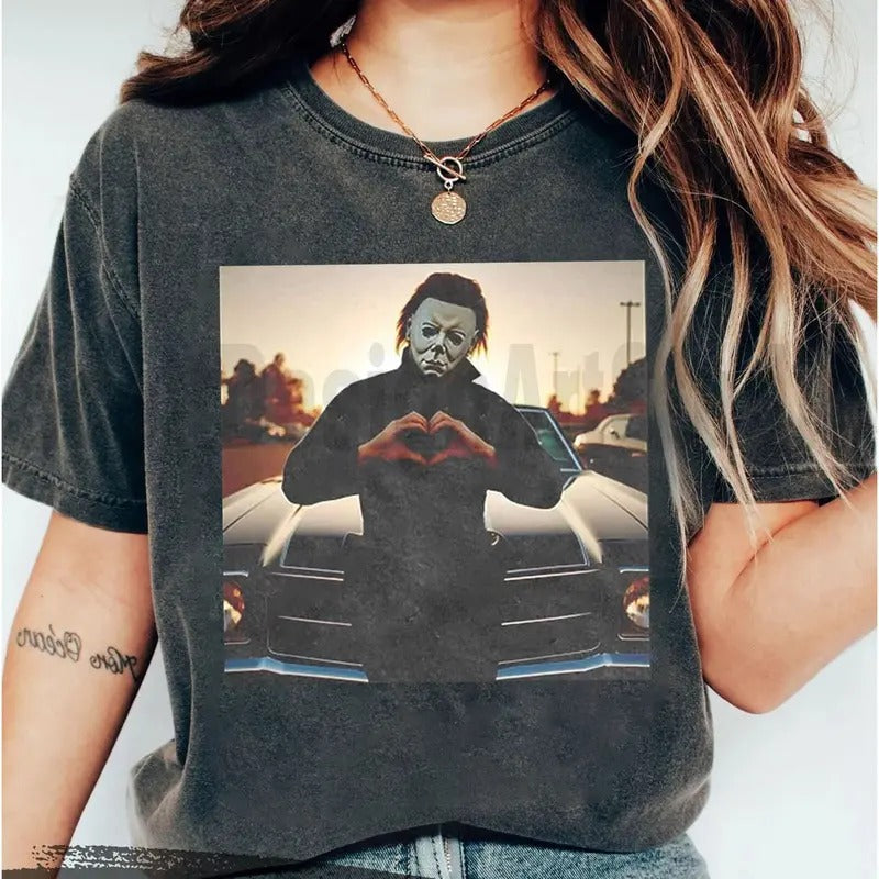 Michael Meyers Halloween Graphic T-shirt, Michael Meyers Heart Hands T-shirt, Funny Halloween Shirt, Halloween Gifts