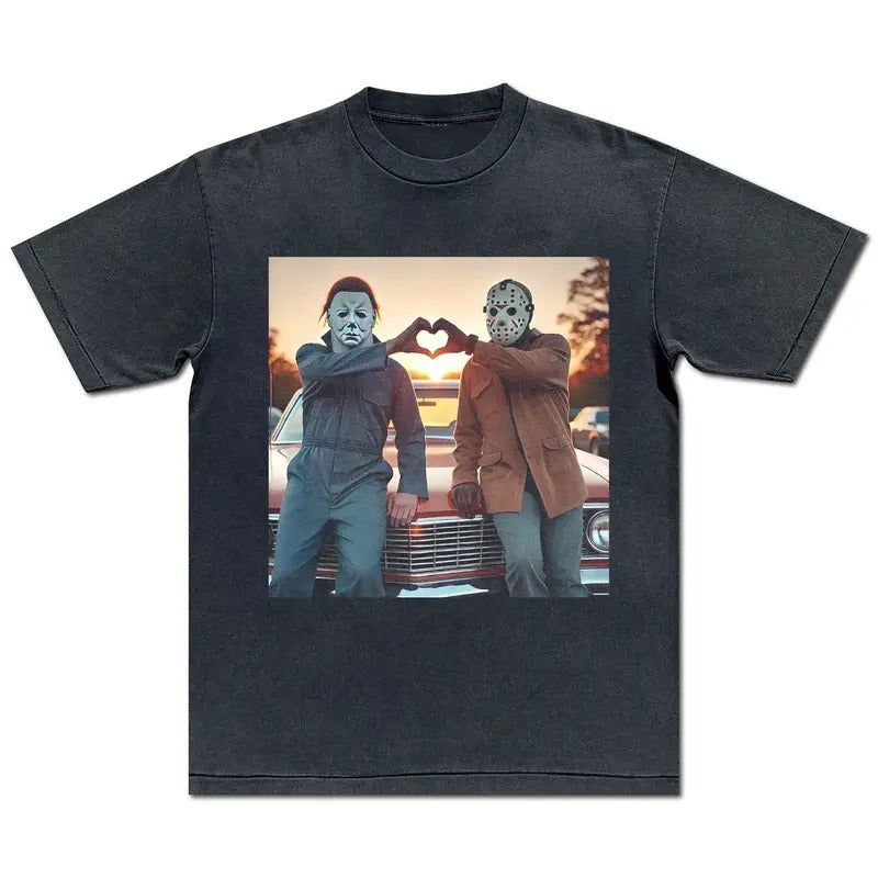 Michael Myers and Jason Heart Hands Shirt Halloween Scary Movie T-Shirt Slasher Film Birthday Gift 70s 80s 90s Vintage Horror Tee Thriller