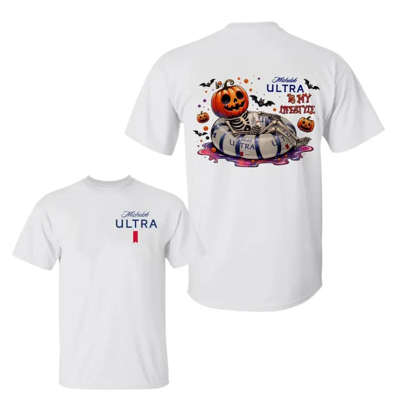 Michellob Ulltra beer Tshirt, Skeleton Pumpkin Shirt, Pumkin Tee, Halloween Shirt, Unisex Classic Cotton Tee with 2 Sided Graphic Print in All Sizes, For Men, For Women