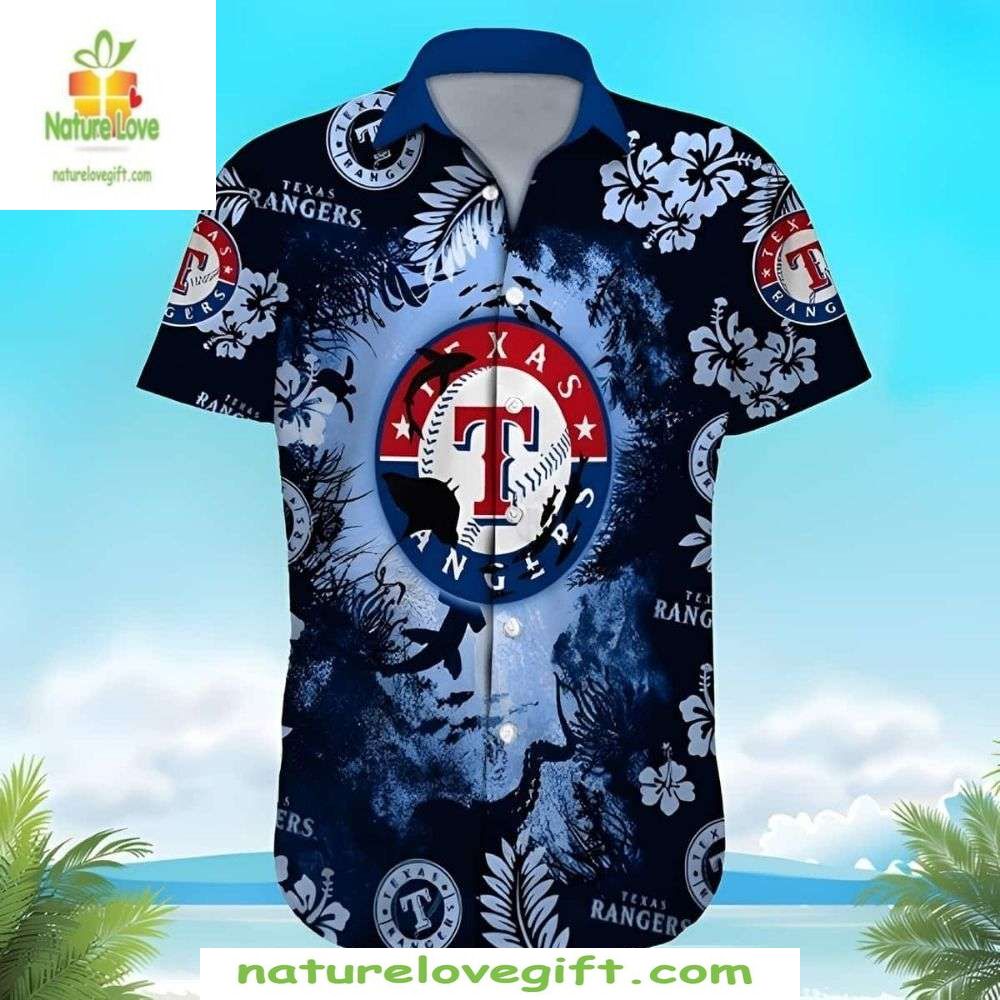 Texas Rangers Hawaiian Shirt Midnight Floral Emblem MLB Baseball Apparel