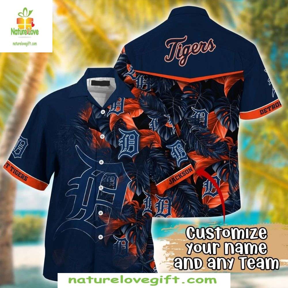Detroit Tigers Hawaiian Shirt Midnight Tropical Leaf MLB Baseball Apparel
