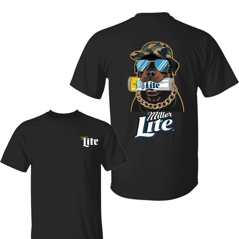 Miler Lite Dog T-Shirt, Bold Rottweiler Graphic with Sunglasses, Beer Can, and Hip Style, Ideal for Beer Fans and Dog Lovers, Unisex T-Shirts