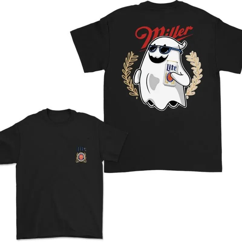 Miler Lite Ghost Halloween T-Shirt, Miler Lite Shirt , Halloween Trendy Shirt, Unisex Classic Cotton Tee with 2 Sided Graphic Print in All Sizes, For Women