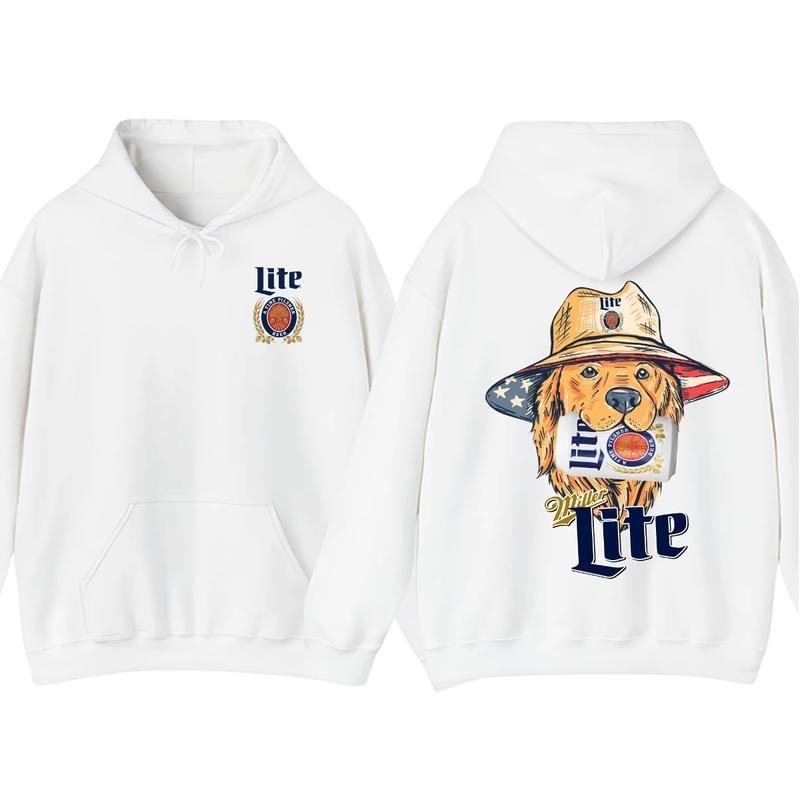Miller Lite Golden Retriever Graphic Hoodie and T-Shirt, Double-Sided Print, Unisex Casual Top for Menswear & Womenswear