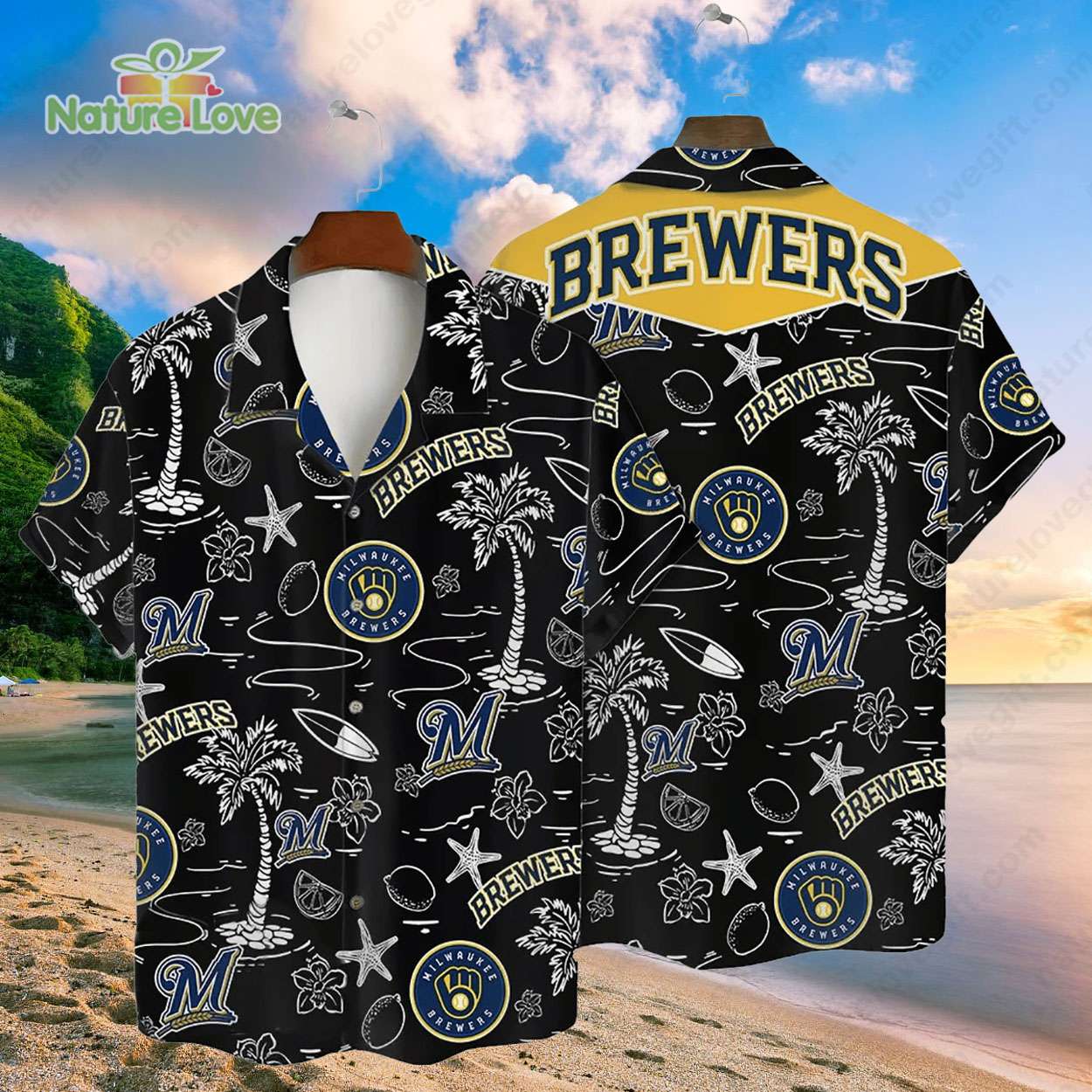 Milwaukee Brewers Tropical Palms MLB Black Hawaiian Shirt