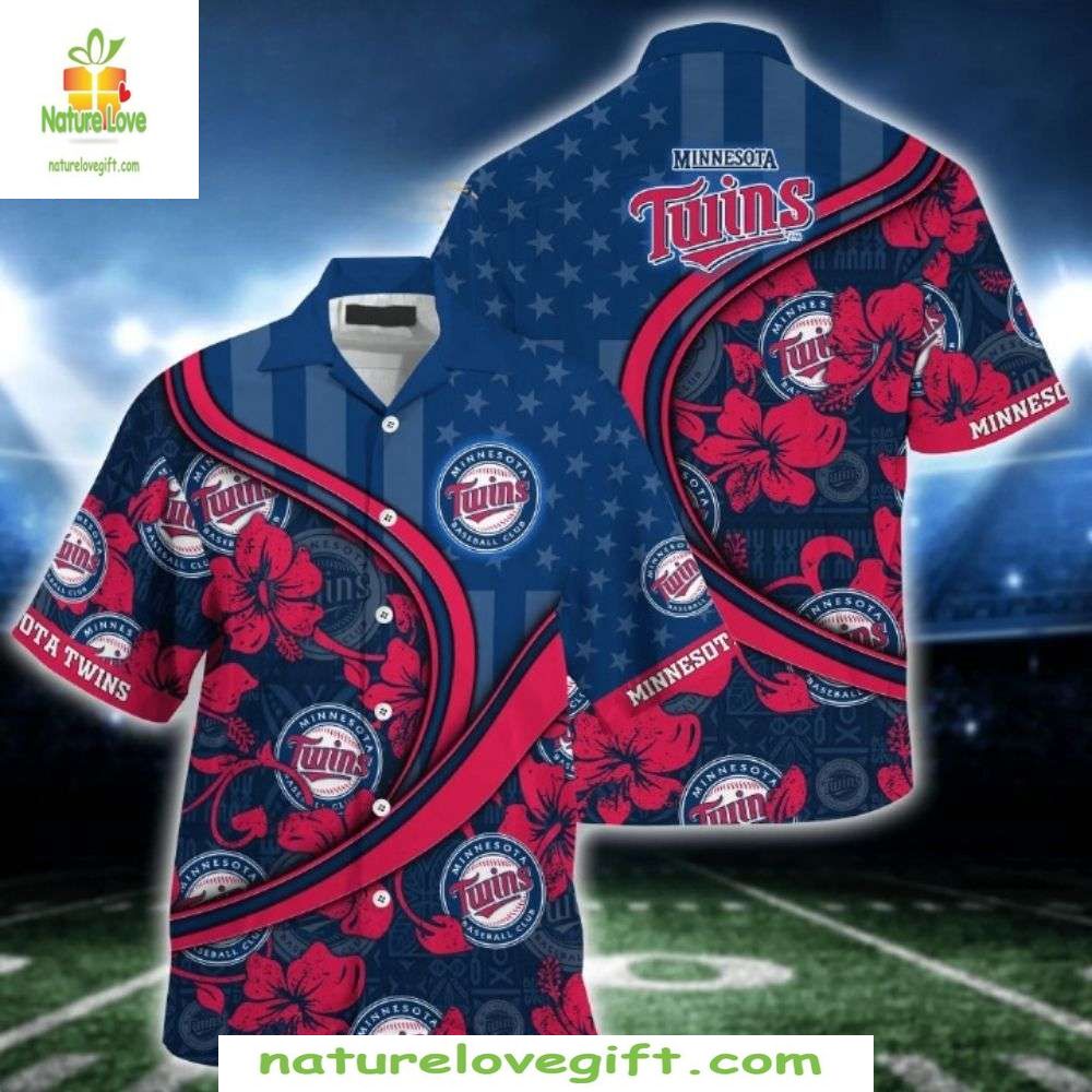 Minnesota Twins Hawaiian Shirt American Flag Floral Cross Baseball Apparel