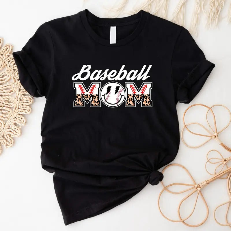 Mom Leopard Baseball T-shirt, Baseball Smiley Face Tee, Baseball Mother Shirt, Baseball Lover Gift Tee For Mama, Sport...