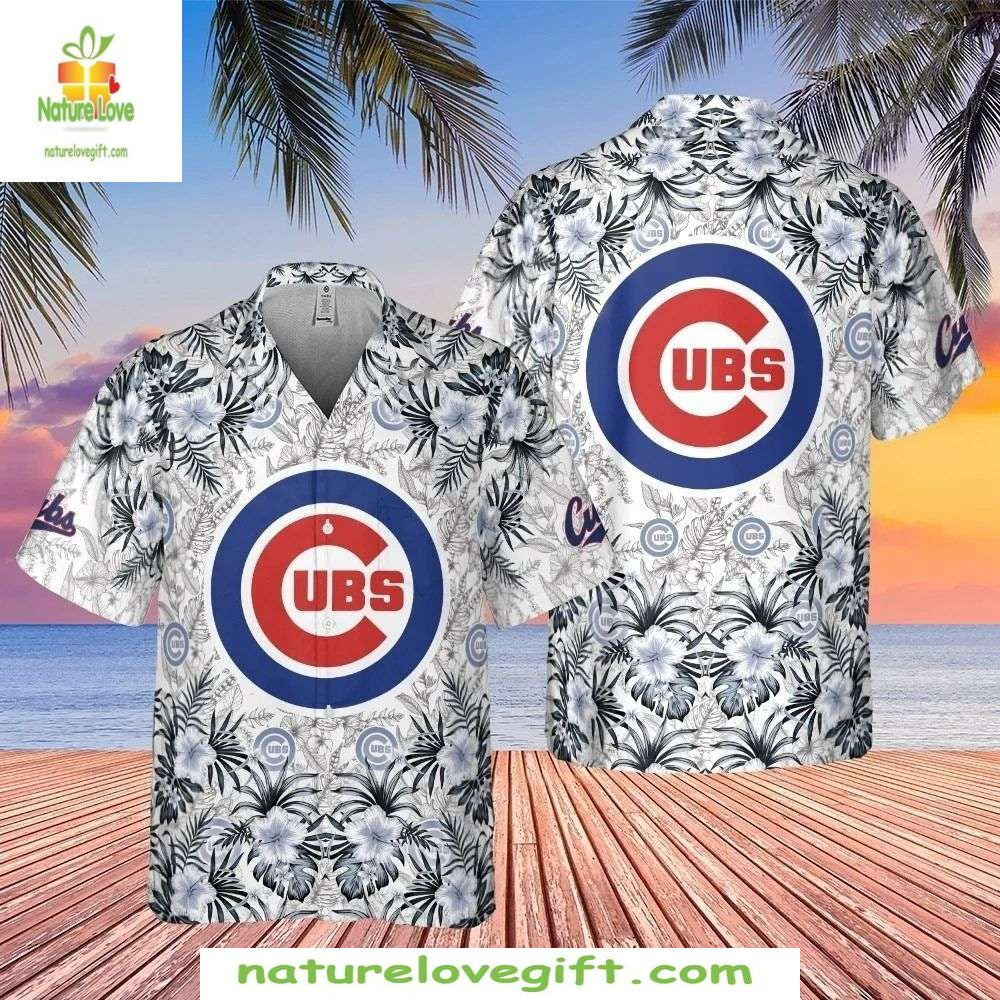 Chicago Cubs Floral Hawaiian Shirt Monochrome MLB Baseball Aloha Shirt